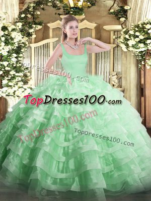 Sleeveless Organza Floor Length Zipper Sweet 16 Dress in Apple Green with Beading and Ruffled Layers