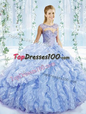 Low Price Organza Sweetheart Sleeveless Brush Train Lace Up Beading and Ruffles and Pick Ups Sweet 16 Quinceanera Dress in Blue
