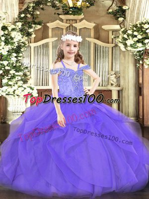 Off The Shoulder Sleeveless Pageant Gowns For Girls Floor Length Beading and Ruffles Lavender Tulle