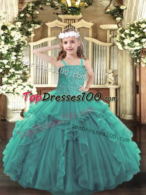 Turquoise Tulle Lace Up Straps Sleeveless Floor Length Little Girls Pageant Dress Wholesale Beading and Ruffles