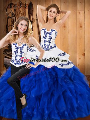 Hot Sale Strapless Sleeveless Lace Up Quince Ball Gowns Blue And White Satin and Organza