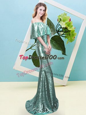 Mermaid Prom Gown Apple Green Off The Shoulder Sequined Half Sleeves Floor Length Zipper