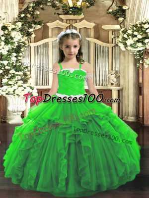 Green Lace Up Straps Appliques and Ruffles Little Girls Pageant Dress Tulle Sleeveless