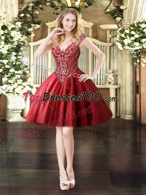 Modern Wine Red Sleeveless Mini Length Beading Lace Up Evening Dress