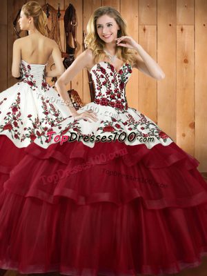 Shining Sweetheart Sleeveless Sweet 16 Dresses Sweep Train Embroidery Wine Red Organza