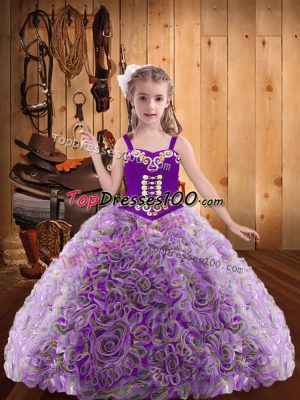 Straps Sleeveless Pageant Dress for Womens Floor Length Embroidery and Ruffles Multi-color Fabric With Rolling Flowers