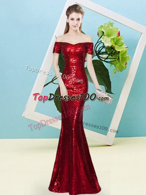 Floor Length Mermaid Short Sleeves Wine Red Prom Dress Zipper