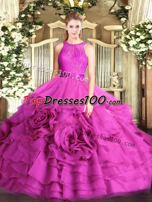 Decent Fuchsia Zipper Scoop Lace Sweet 16 Quinceanera Dress Fabric With Rolling Flowers Sleeveless