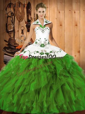 Popular Halter Top Sleeveless Lace Up Quinceanera Dress Olive Green Satin and Organza