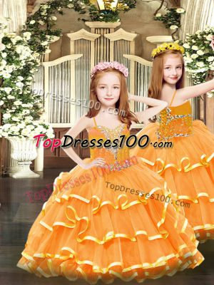 Orange Ball Gowns Organza Spaghetti Straps Sleeveless Beading and Ruffled Layers Floor Length Lace Up Kids Formal Wear