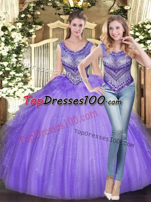 Best Selling Lavender Ball Gowns Beading and Ruffles Ball Gown Prom Dress Lace Up Tulle Sleeveless Floor Length