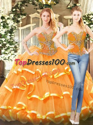 Beautiful Floor Length Lace Up 15 Quinceanera Dress Orange Red for Military Ball and Sweet 16 and Quinceanera with Beading and Ruffled Layers