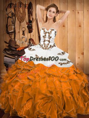 Orange Satin and Organza Lace Up Strapless Sleeveless Floor Length Quinceanera Dresses Embroidery and Ruffles