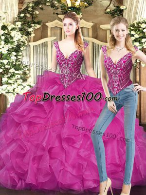 Luxurious Fuchsia Sleeveless Floor Length Ruffles Lace Up 15 Quinceanera Dress