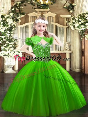 Dazzling Green Ball Gowns Tulle Straps Sleeveless Beading Floor Length Lace Up Womens Party Dresses