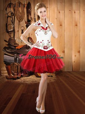 Shining Red Sleeveless Mini Length Embroidery Lace Up Prom Dress