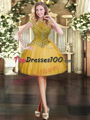 Low Price Scoop Cap Sleeves Prom Gown Mini Length Beading and Ruffles Gold Tulle