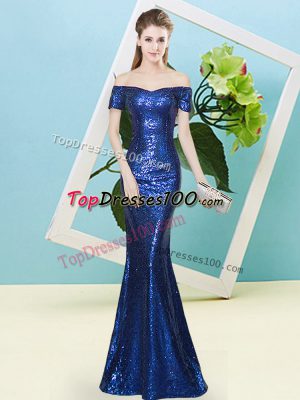 Mermaid Prom Dresses Royal Blue Off The Shoulder Sequined Short Sleeves Floor Length Zipper