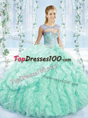 Designer Apple Green Sleeveless Organza Brush Train Lace Up Sweet 16 Dresses for Sweet 16 and Quinceanera