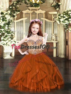 Cheap Rust Red Spaghetti Straps Lace Up Beading and Ruffles Child Pageant Dress Sleeveless