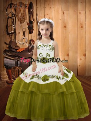 New Arrival Embroidery and Ruffled Layers Party Dress for Girls Olive Green Lace Up Sleeveless Floor Length