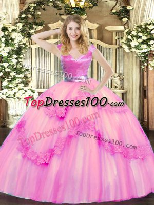 Rose Pink Sleeveless Beading and Appliques Floor Length Ball Gown Prom Dress
