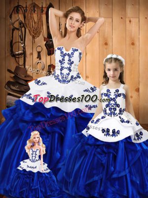 Adorable Blue Lace Up Strapless Embroidery and Ruffles 15 Quinceanera Dress Organza Sleeveless