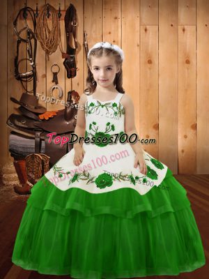 Latest Floor Length Green Teens Party Dress Organza Sleeveless Embroidery and Ruffled Layers