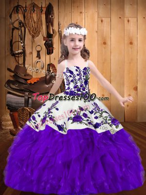 Beautiful Purple Ball Gowns Embroidery and Ruffles Little Girls Pageant Dress Lace Up Organza Sleeveless Floor Length