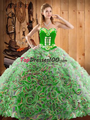 With Train Multi-color Ball Gown Prom Dress Satin and Fabric With Rolling Flowers Sweep Train Sleeveless Embroidery