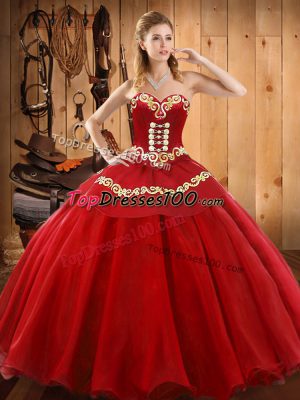 Beautiful Floor Length Red Sweet 16 Dress Tulle Sleeveless Ruffles