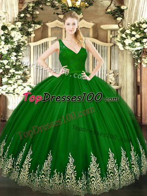 Beautiful Floor Length Green Quinceanera Gown V-neck Sleeveless Backless