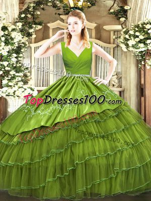 New Style Sleeveless Satin and Organza Floor Length Zipper Quinceanera Gowns in Olive Green with Embroidery and Ruffled Layers