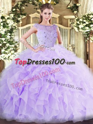 Lavender Tulle Zipper Quinceanera Gown Sleeveless Floor Length Beading and Ruffles
