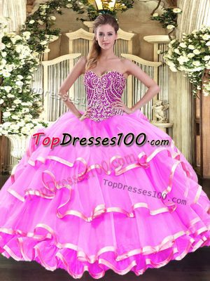 Most Popular Rose Pink Lace Up Sweetheart Beading and Ruffled Layers Sweet 16 Dress Organza Sleeveless