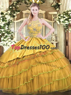 On Sale Gold Zipper Quinceanera Gowns Beading and Embroidery and Ruffled Layers Sleeveless Floor Length