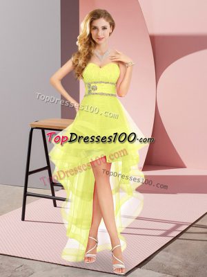 Latest Yellow Sleeveless High Low Beading Lace Up Quinceanera Dama Dress