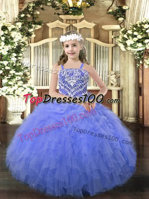Most Popular Ball Gowns Party Dress Wholesale Blue Straps Organza Sleeveless Floor Length Lace Up