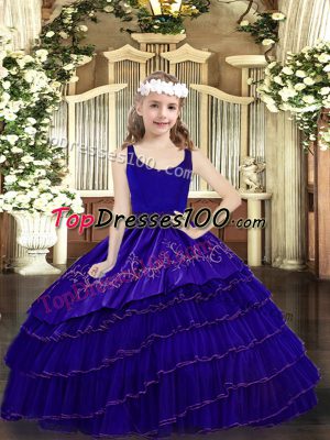 Floor Length Blue Kids Formal Wear Organza Sleeveless Beading and Embroidery and Ruffled Layers