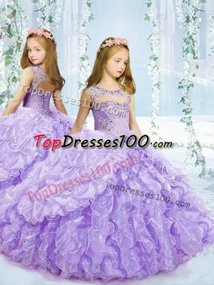 Lavender Ball Gowns Scoop Sleeveless Organza Floor Length Lace Up Beading and Ruffles and Pick Ups Kids Formal Wear