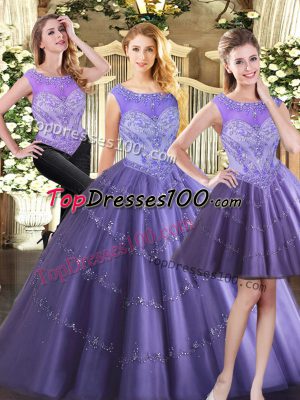 Artistic Lavender Three Pieces Scoop Sleeveless Tulle Floor Length Zipper Beading Quince Ball Gowns