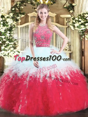 Multi-color Halter Top Neckline Beading and Ruffles Quince Ball Gowns Sleeveless Zipper