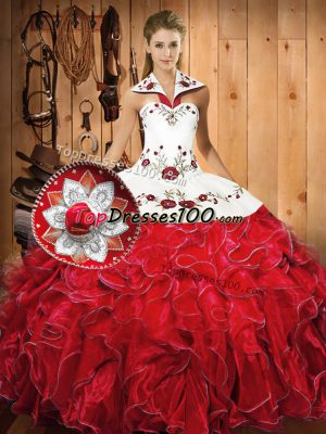 Glorious Halter Top Sleeveless Satin and Organza Sweet 16 Quinceanera Dress Embroidery and Ruffles Lace Up