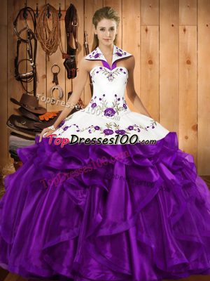 Cute Purple Sleeveless Organza Lace Up Ball Gown Prom Dress for Military Ball and Sweet 16 and Quinceanera