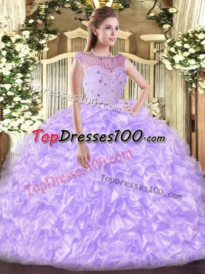 Admirable Floor Length Zipper Ball Gown Prom Dress Lavender for Military Ball and Sweet 16 and Quinceanera with Beading and Ruffles