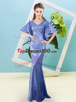 Mermaid Prom Dress Blue V-neck Sequined Half Sleeves Floor Length Zipper