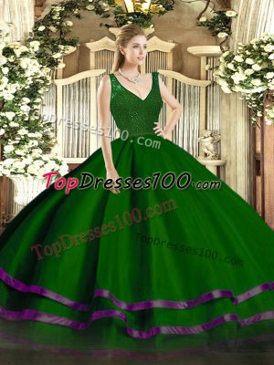 Sleeveless Organza Floor Length Backless Sweet 16 Dresses in Dark Green with Beading and Lace and Ruffled Layers