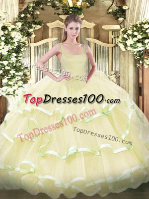 Custom Designed Light Yellow Sleeveless Organza Zipper Ball Gown Prom Dress for Military Ball and Sweet 16 and Quinceanera