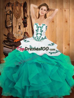 Sumptuous Strapless Sleeveless Satin and Organza 15th Birthday Dress Embroidery and Ruffles Lace Up
