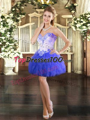 Top Selling Sleeveless Mini Length Beading and Ruffles Lace Up Evening Dress with Blue
